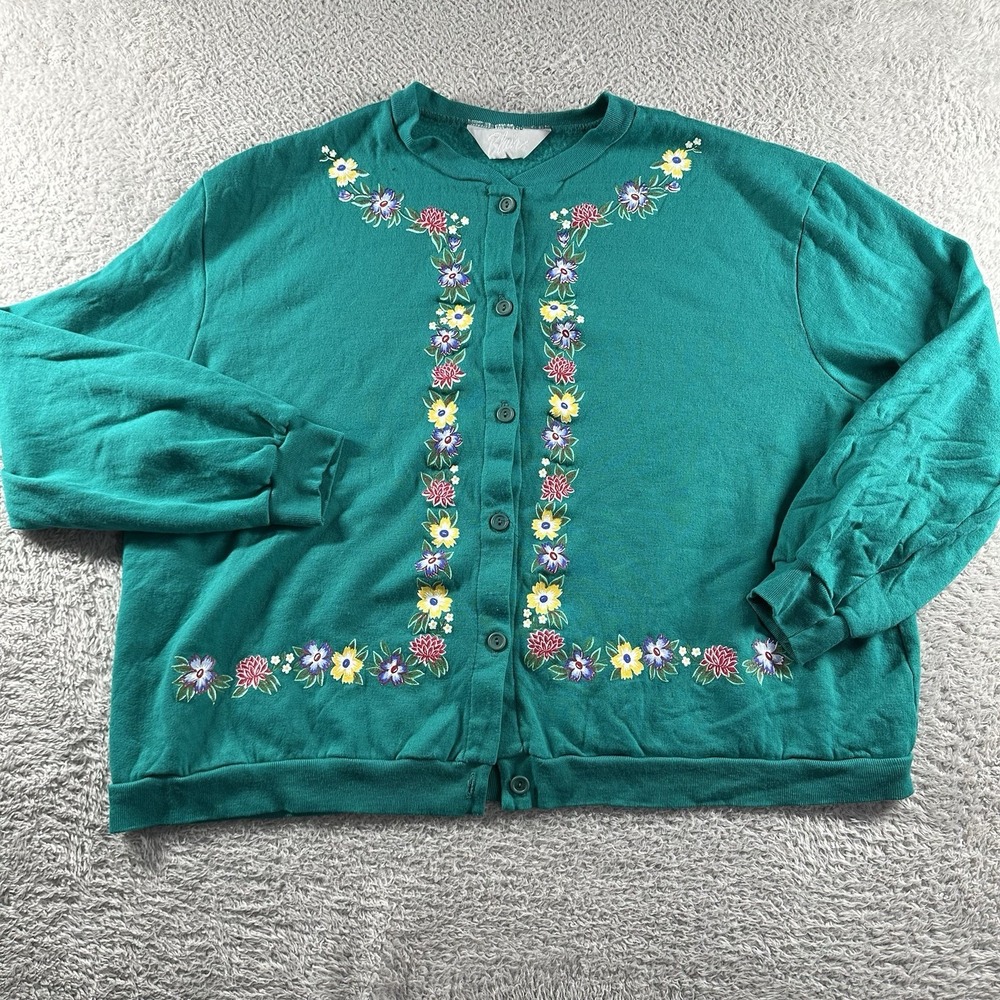 VINTAGE Cardigan Sweater Womens 2XL Teal Blue‎ Green Floral Granny Grandmacore